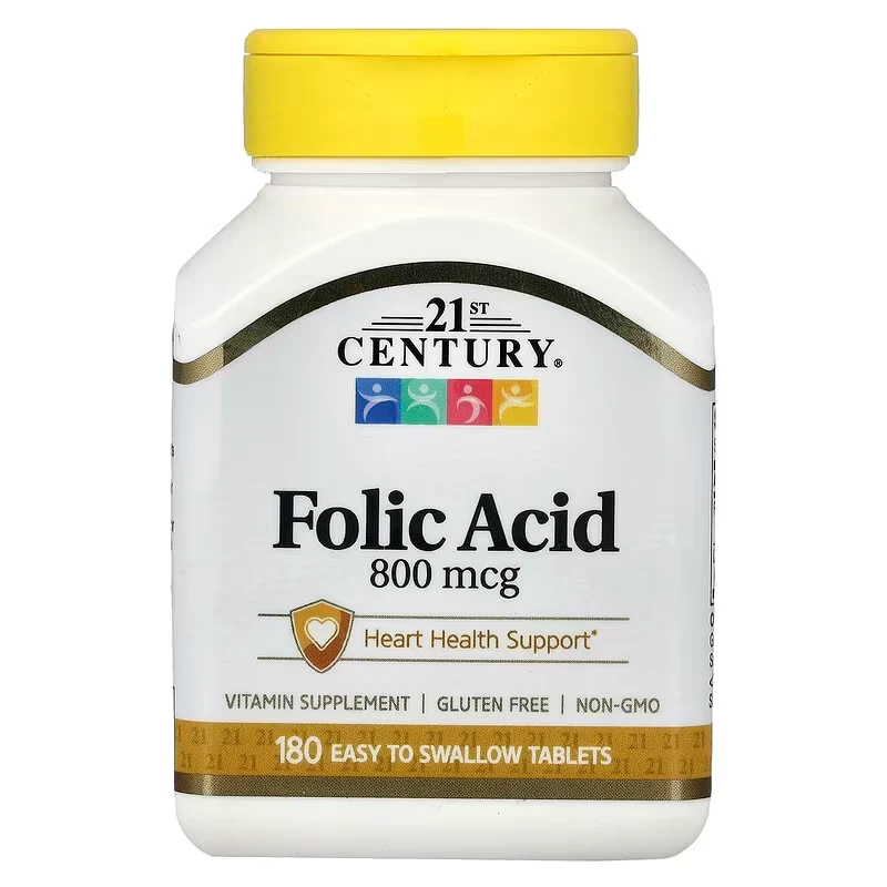 21st Century Folic Acid Vitamin B9 Folate Heart Health 800 mcg 180 Easy to Swallow Tablets