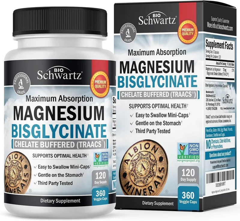 BioSchwartz Maximum Absorption Magnesium Bisglycinate Sleep, Muscle, Bone & Joint Support 360 Veggie Caps