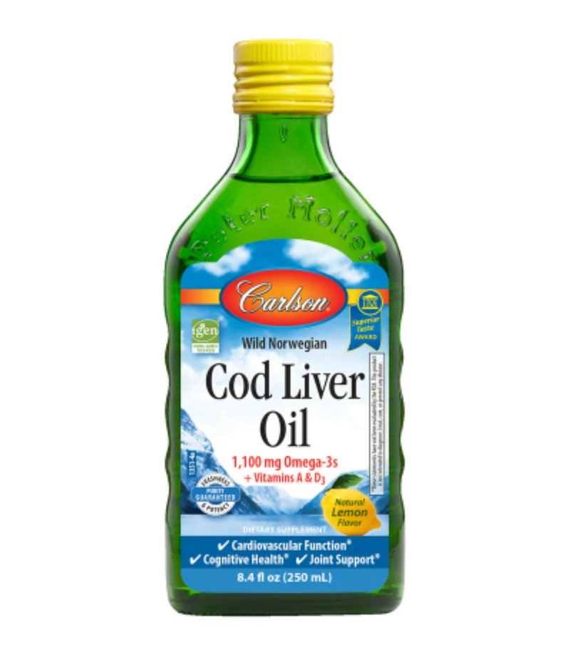 Carlson - Cod Liver Oil 1100 mg Omega-3s Liquid Cognitive Fish Oil Lemon EPA DHA 250 ml