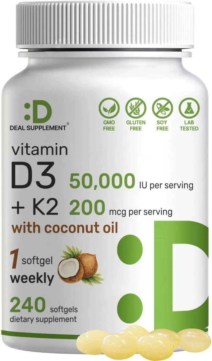DEAL SUPPLEMENT Vitamin D3 50,000 IU + K2 MK7 Coconut Oil Bone Teeth & Immune Health 240 Softgels