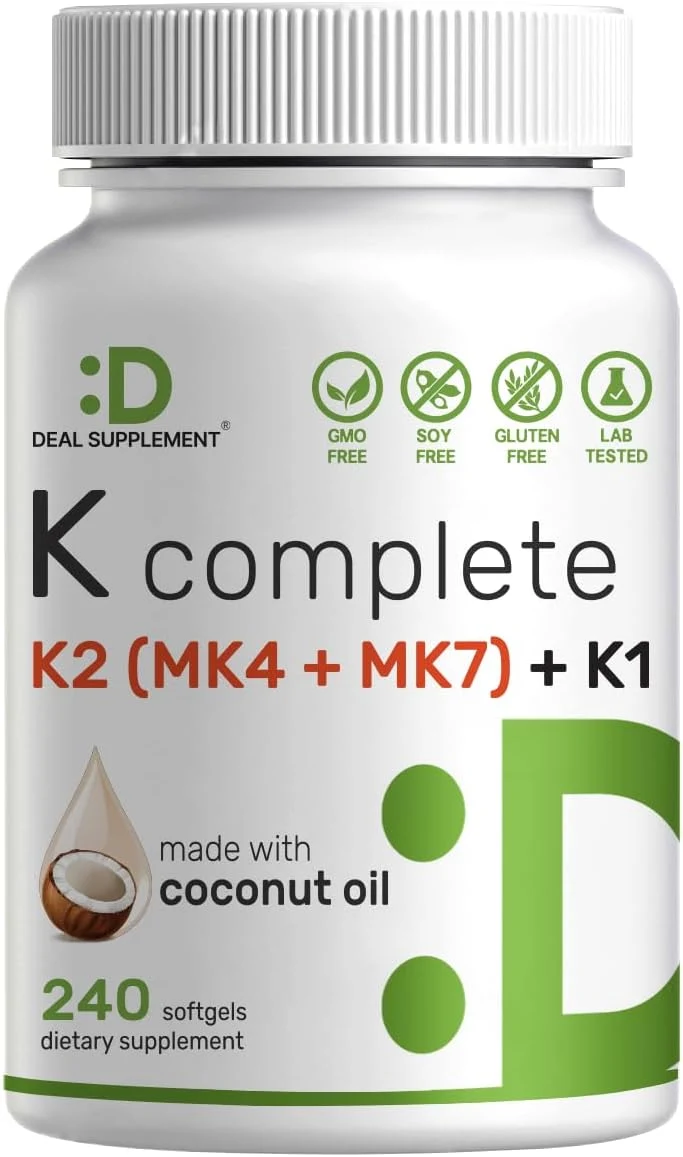 DEAL SUPPLEMENT Vitamin K 1 - K2 Complete MK-7 and MK-4 Bone Joint Immune Support 240 Coconut Oil Softgels
