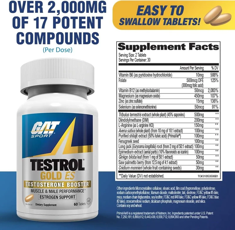 Gat Sport Testrol Gold Es Test Booster Tribulus Arginine Selenium Fenugreek Saw Palmetto Ginkgo Biloba  60 Tablet