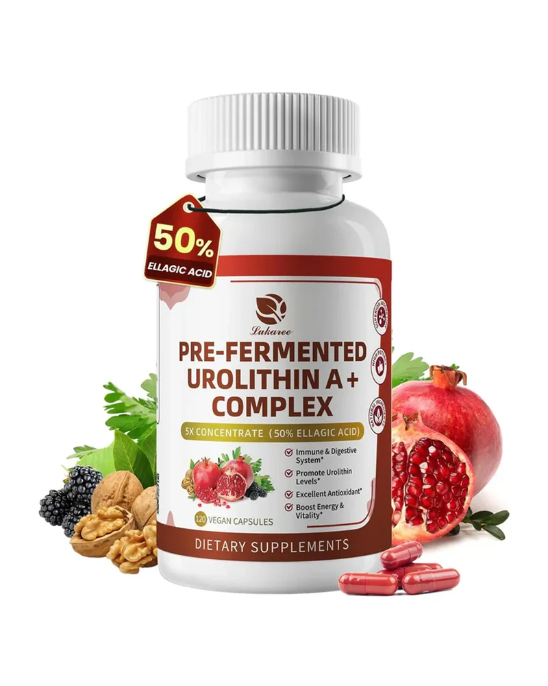 Lukaree Urolithin A+ Mitochondrial Black walnut , Pomegranate , Grape , Trans Resveratrol , Artemisin , Psyllium husk 120 Vegan Capsules