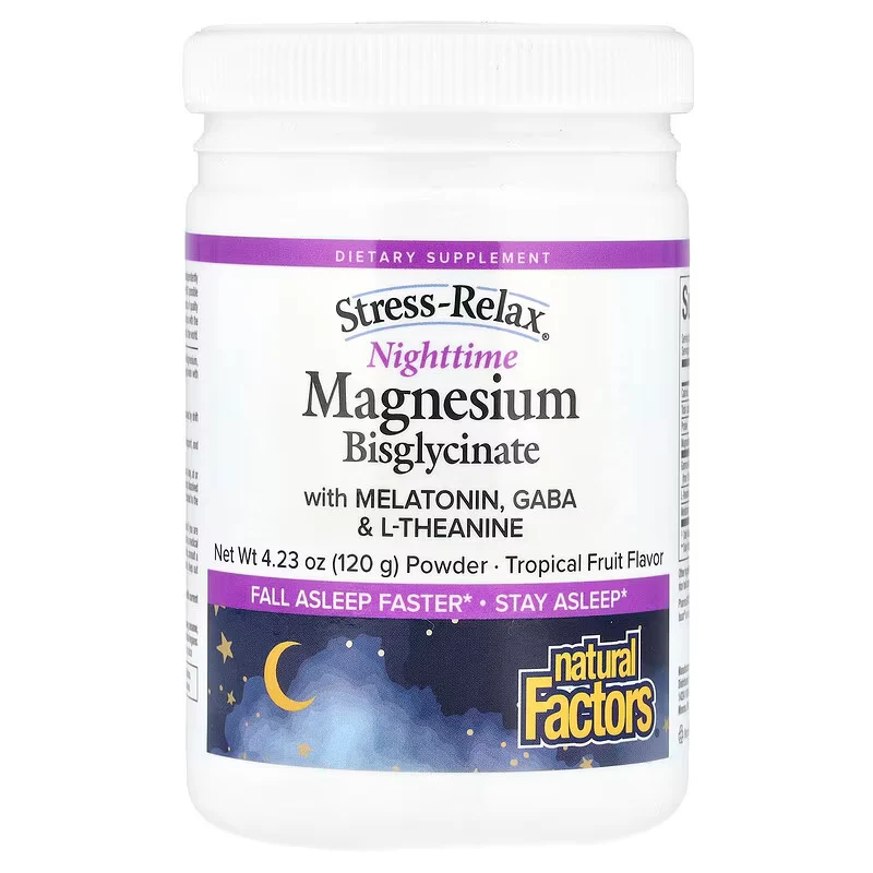 Natural Factors Stress-Relax Nighttime Magnesium Bisglycinate Powder with Melatonin Gaba L-Theanine Tropical Fruit 120 g