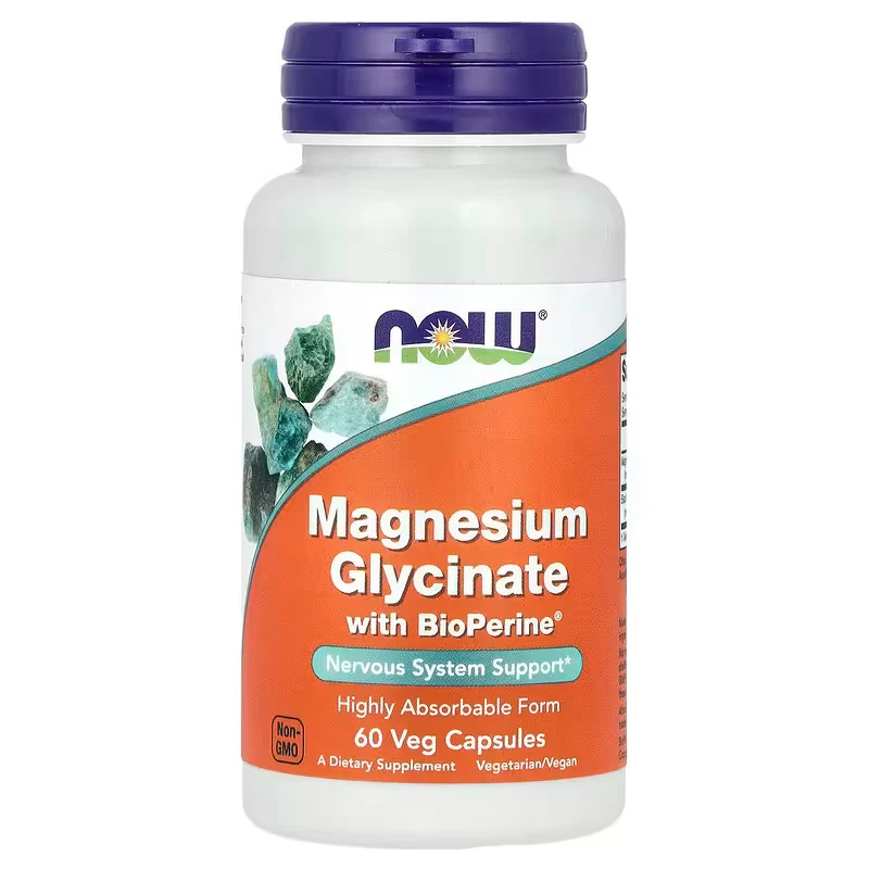 NOW Foods Magnesium Glycinate With BioPerine Nervous System Support 60 Veg Capsules
