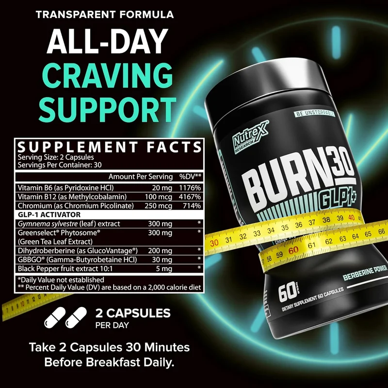 Nutrex BURN30 GLP-1 Carnitine Super Berberine Weight Management Appetite Control Gymnema sylvestre 60 Caps
