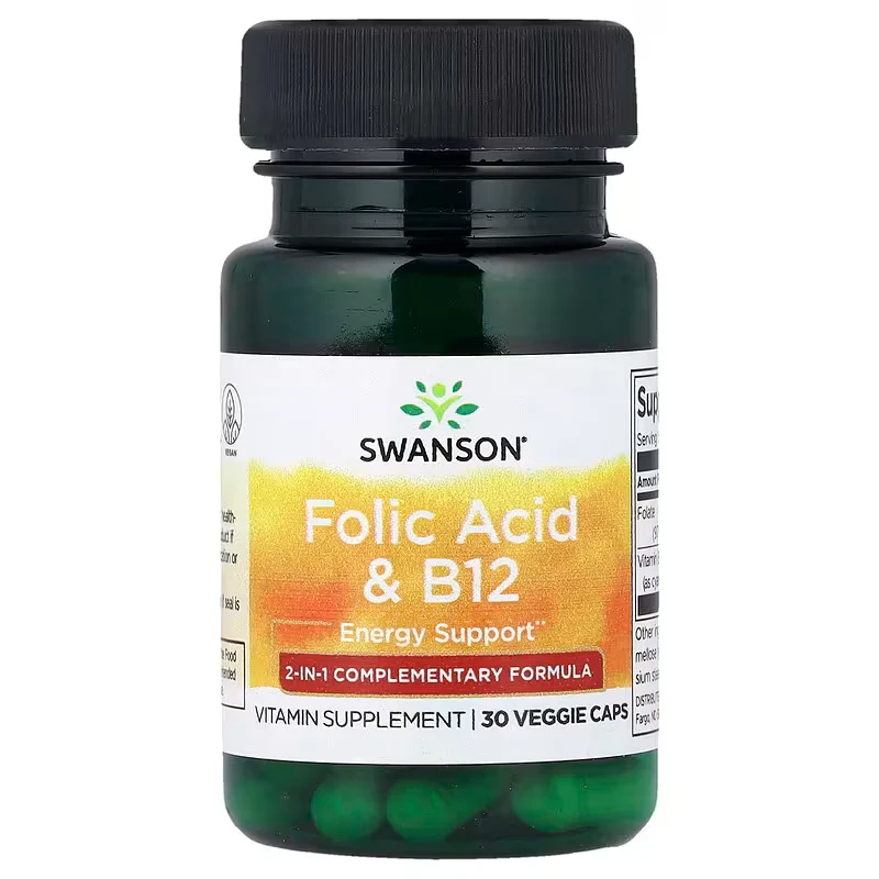 Swanson Folic Acid & B12 With Vitamin B9 Folate Energy Support 30 Veggie Caps